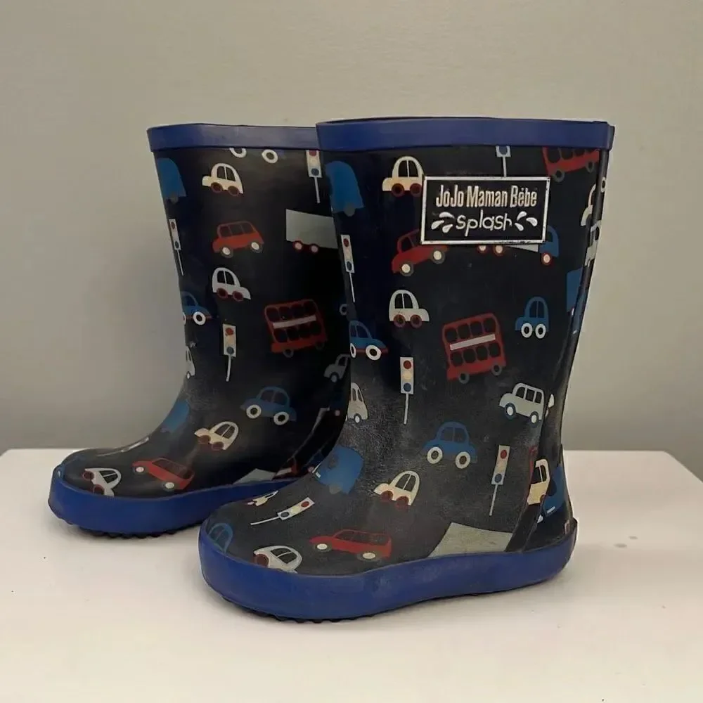 Jojo Maman Bebe Splash Kids' Black Blue Cars Rubber Rain Boots Size 5